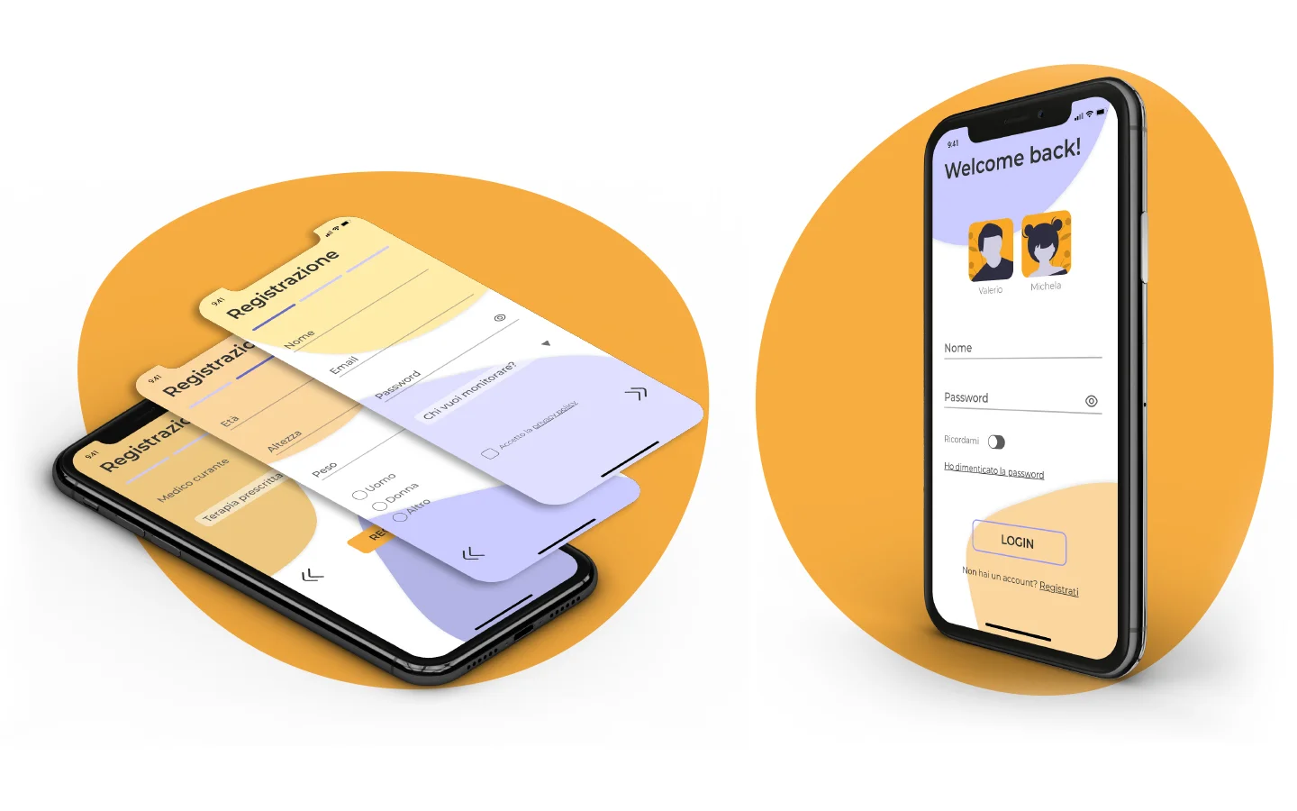 Le schermate di registrazione e di accesso dell'app su due telefoni