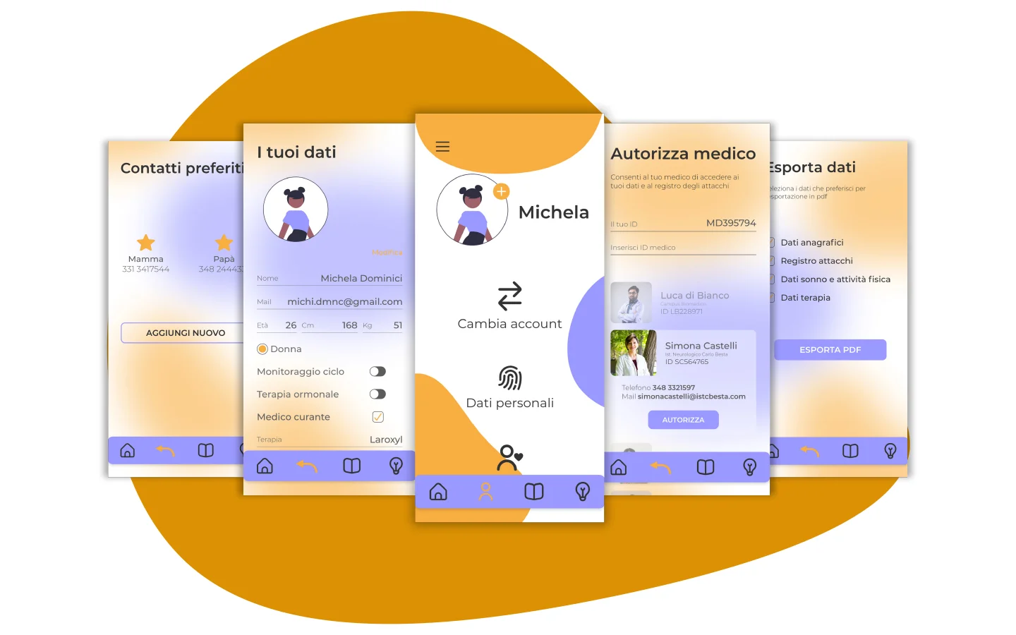 Schermate del profilo: dati personali, contatti preferiti, autorizzazione del medico ed esportazione dei dati in pdf
