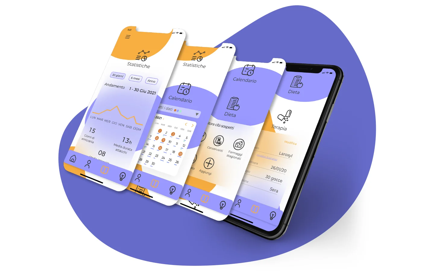 Schermate di statistiche, calendario, dieta e terapia inclinate davanti a un telefono