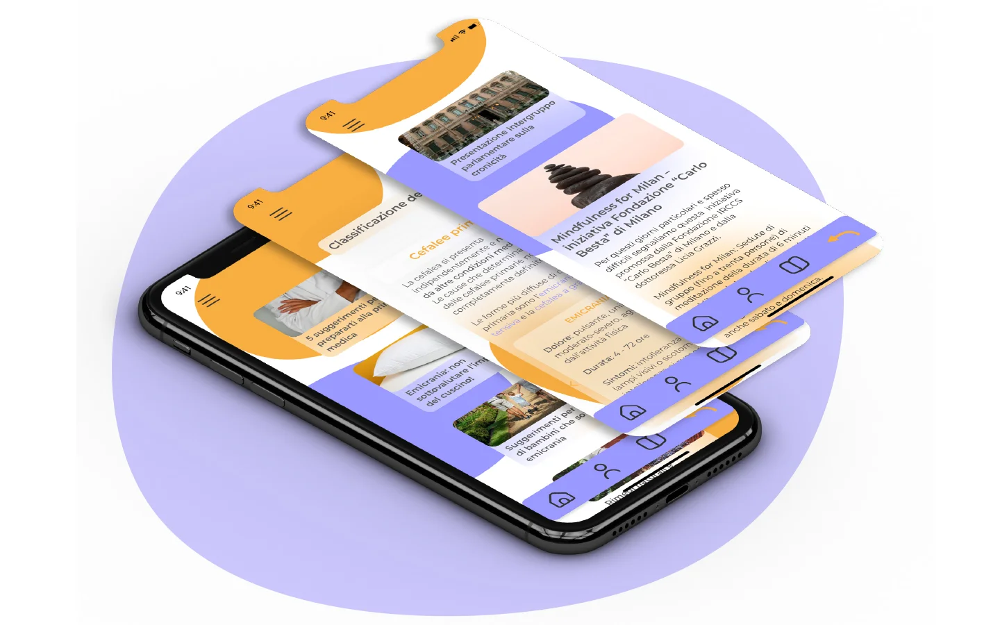 Schermate con articoli e consigli sul benessere, come la meditazione, sopra un telefono