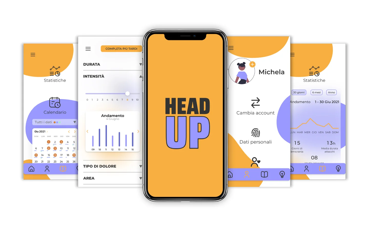 Cinque schermate dell'app HeadUp attorno a un telefono con il logo: calendario, statistiche, andamento e profilo