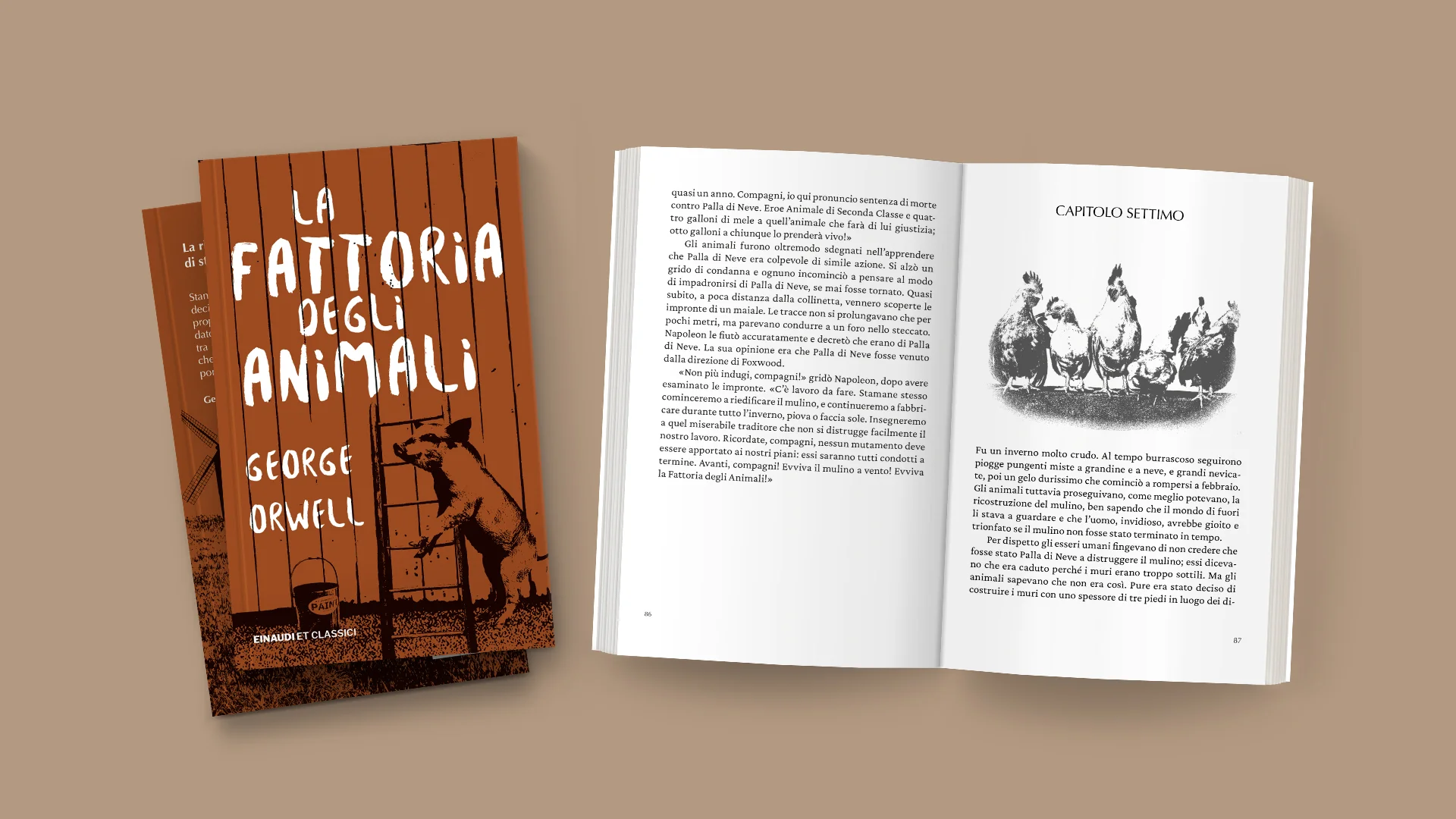 La copertina del libro accanto a un'apertura interna con il capitolo settimo e l'illustrazione di alcune galline