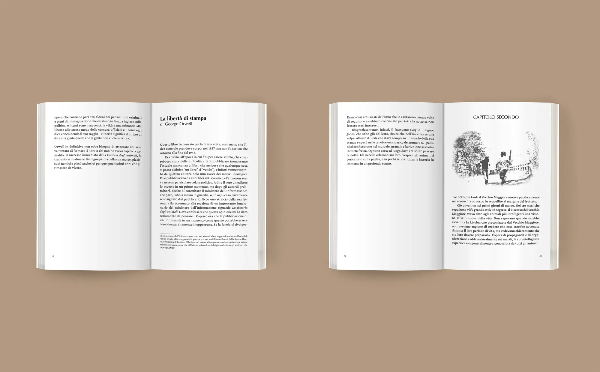 Due aperture di pagine interne: l'introduzione La libertà di stampa e l'inizio del capitolo secondo con l'illustrazione di due figure che corrono