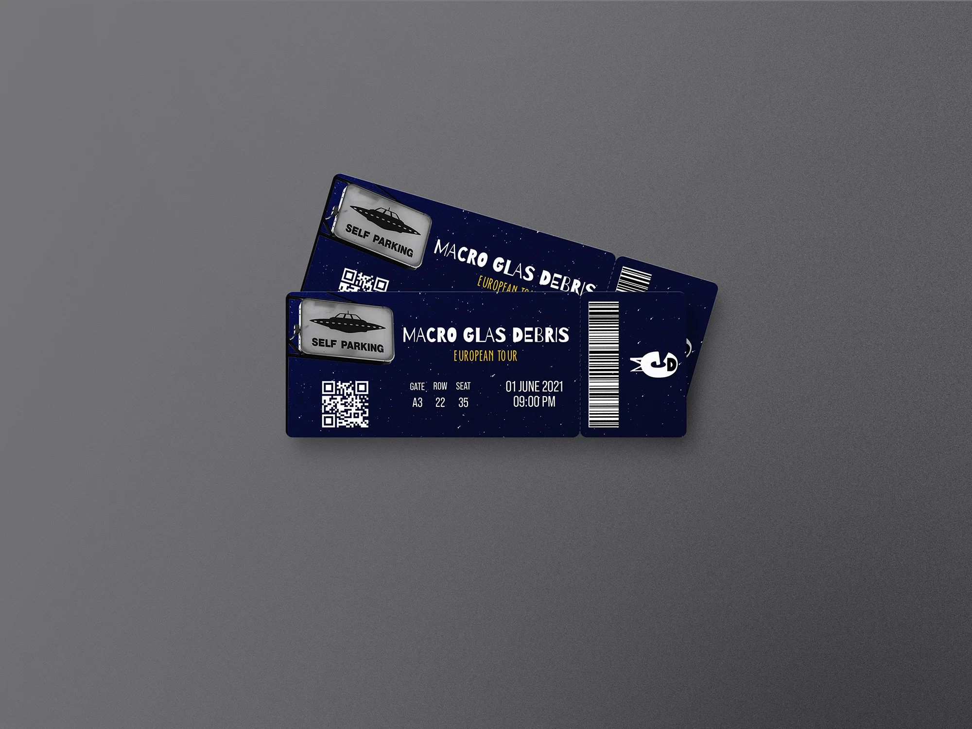 Due biglietti del tour europeo dei Macro Glas Debris, blu scuro con codice QR e codice a barre