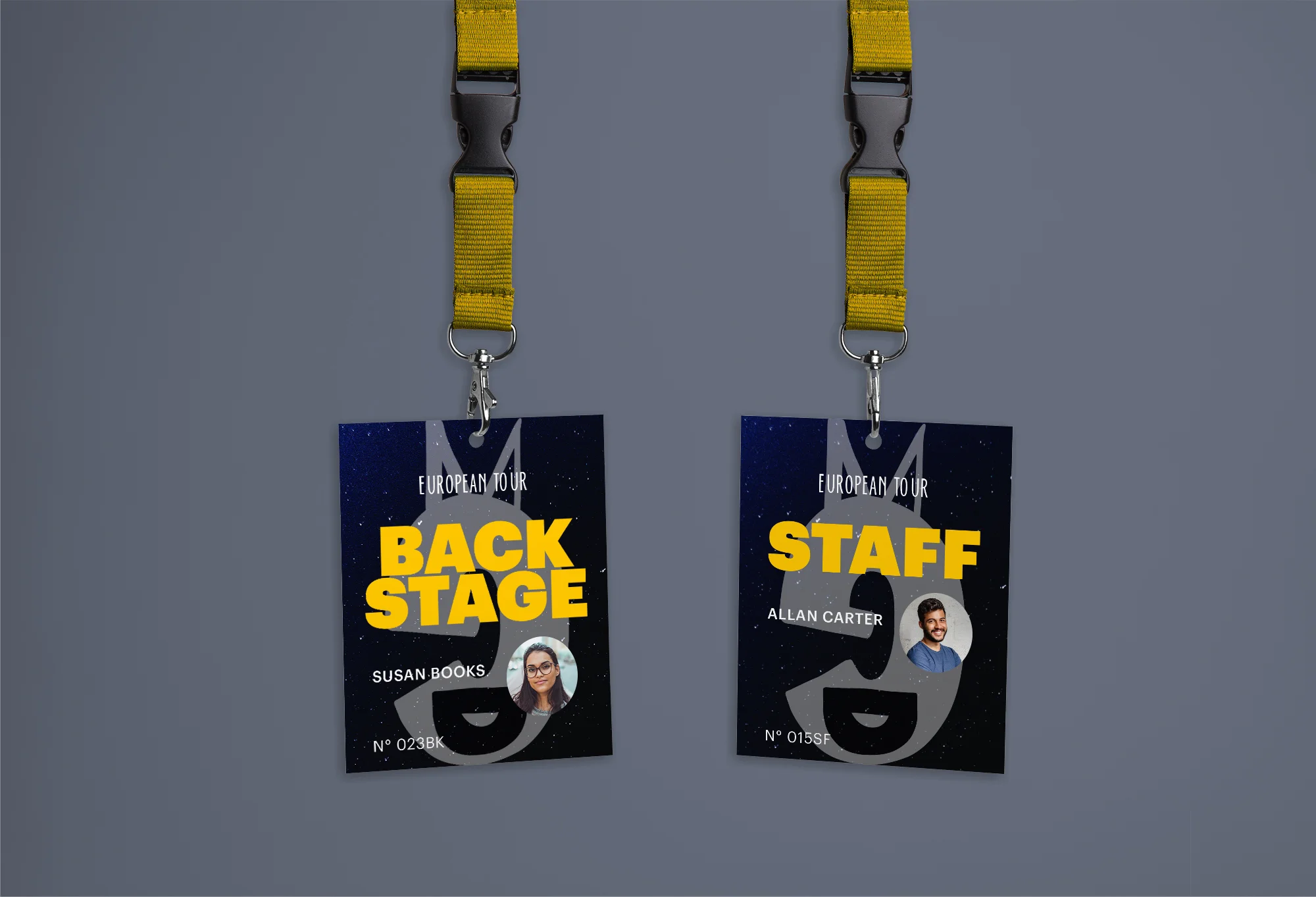 Due pass con cordino giallo per il tour europeo, uno Back Stage e uno Staff
