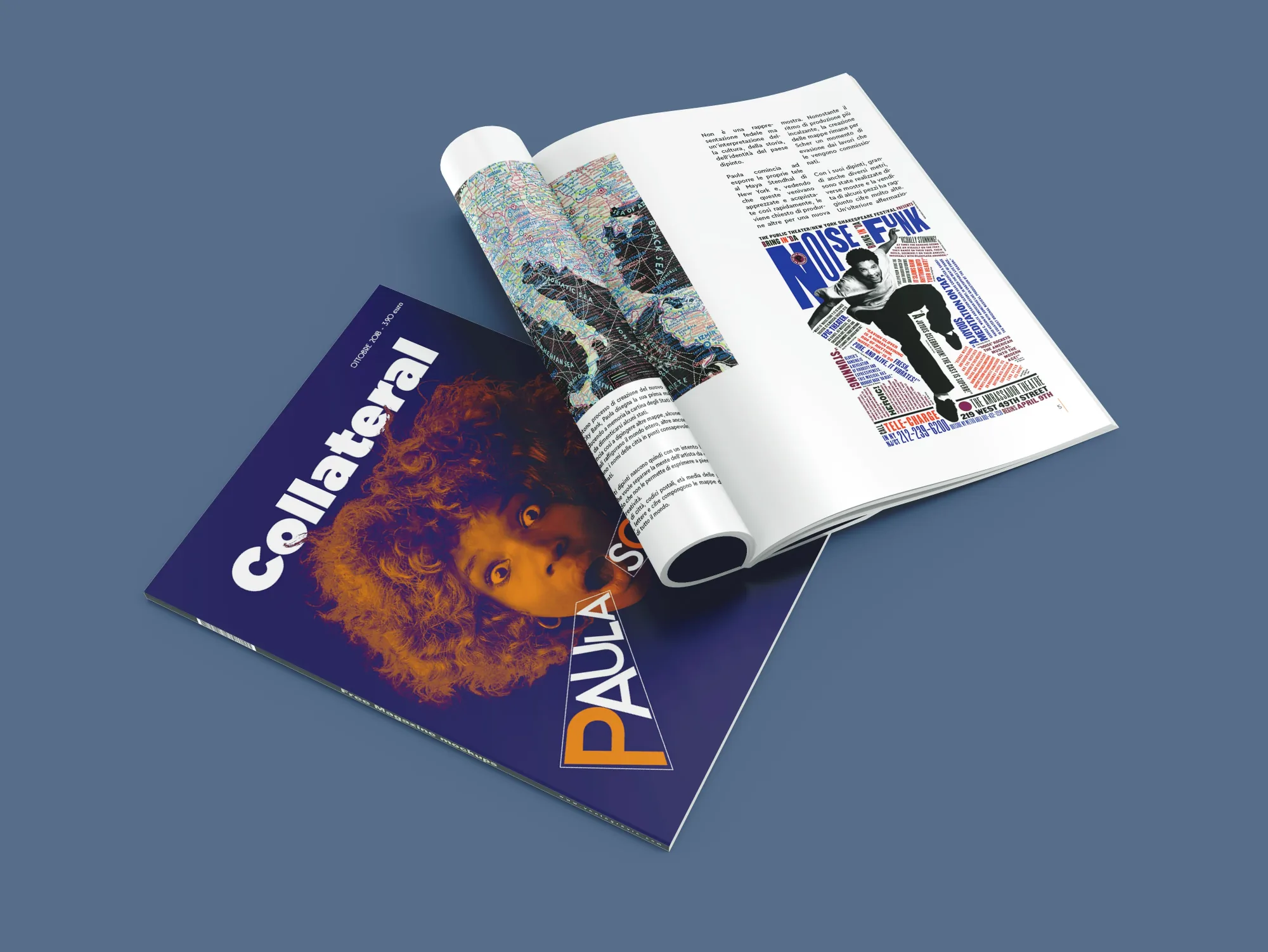 Copertina e interno della rivista Collateral: un volto di donna in copertina e un'apertura con articolo e grafica