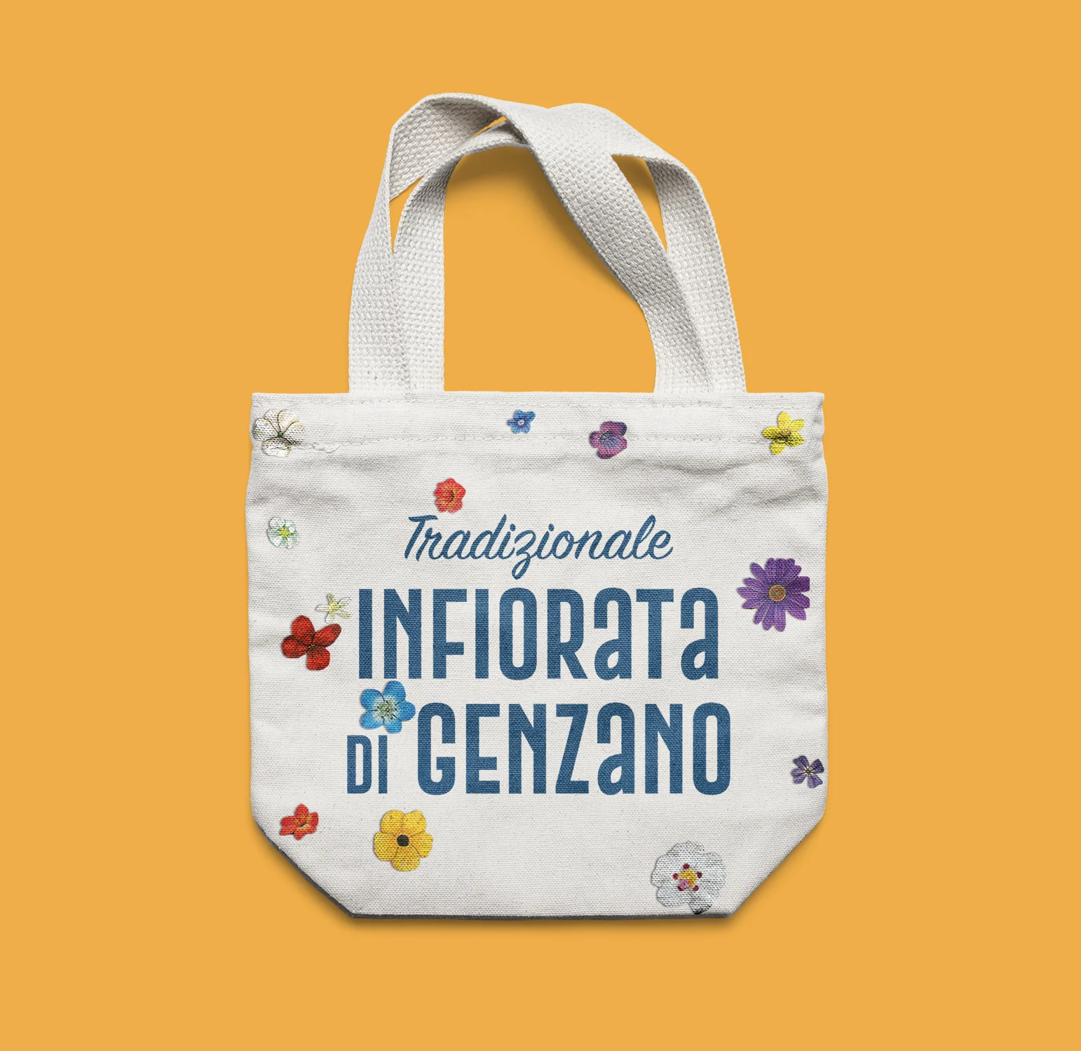 Piccola borsa di tela con il logo dell'evento e fiori ricamati