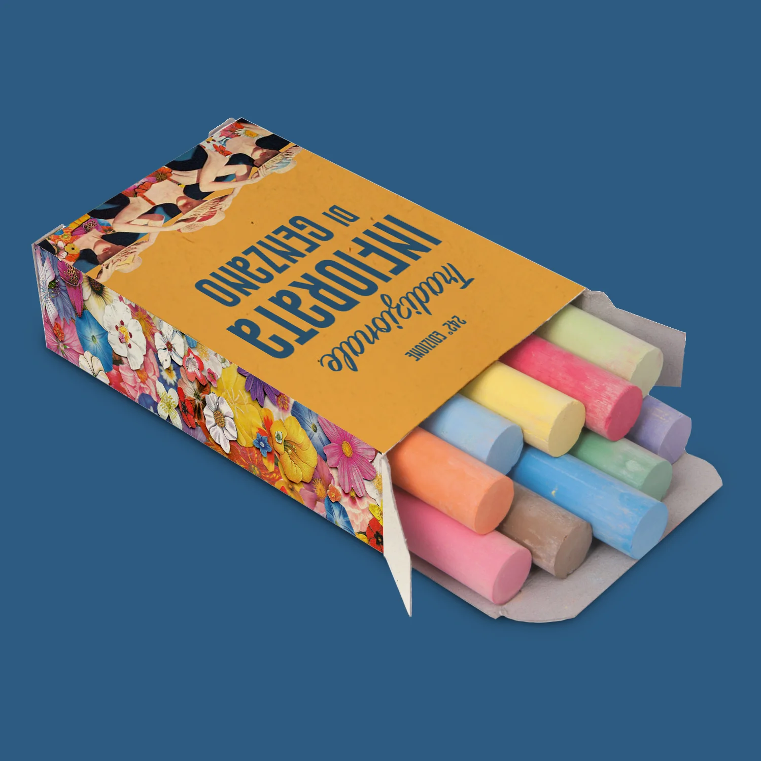 Scatola di gessetti colorati con la grafica floreale e il logo dell'evento