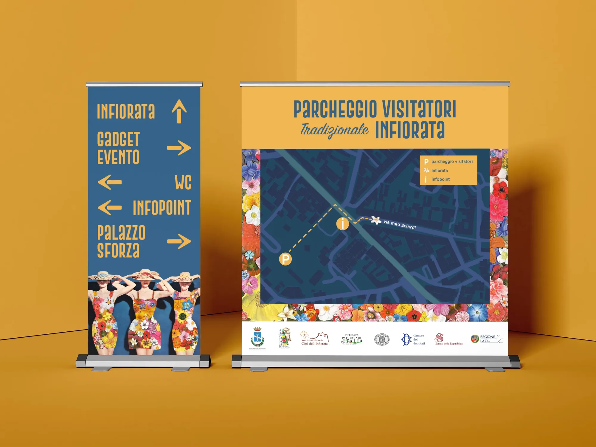 Due roll-up: uno con le indicazioni per i servizi dell'evento e uno con la mappa del parcheggio visitatori