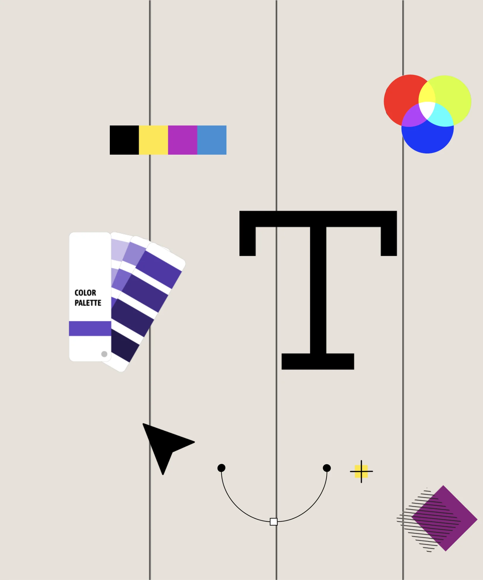 Illustrazione di strumenti da grafico: campioni di colore, lettera T, cursore, curva vettoriale e forme geometriche