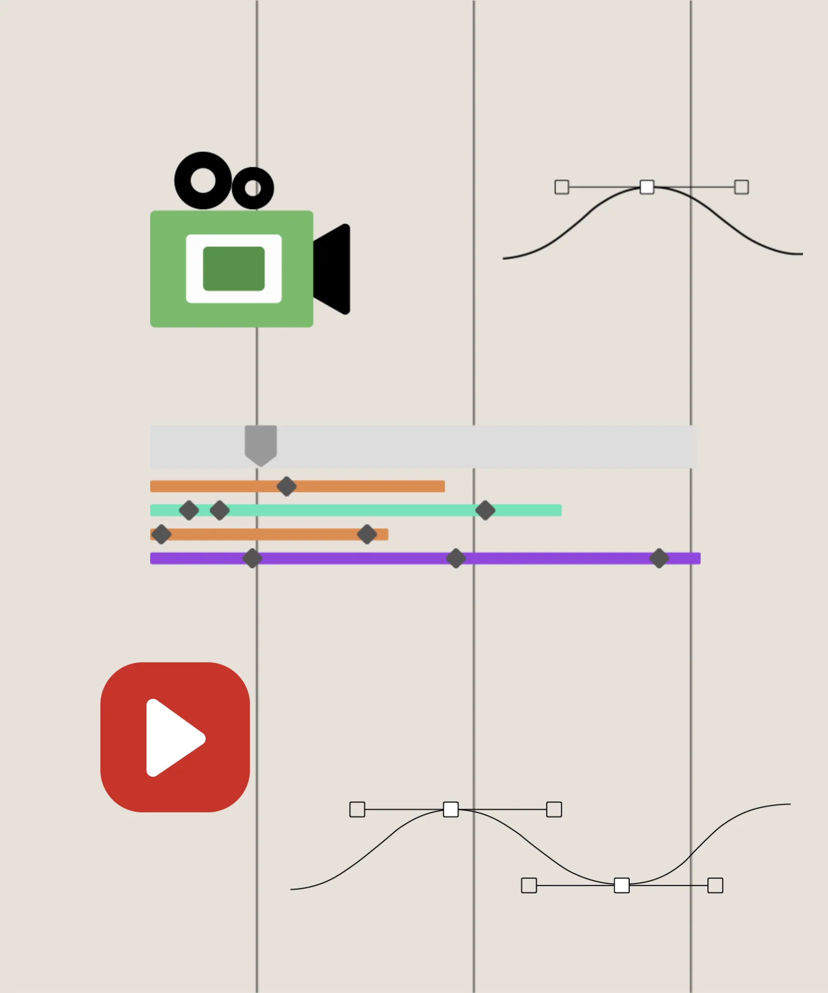 Illustrazione di strumenti per il motion: videocamera, timeline con fotogrammi chiave, pulsante play e curve di animazione